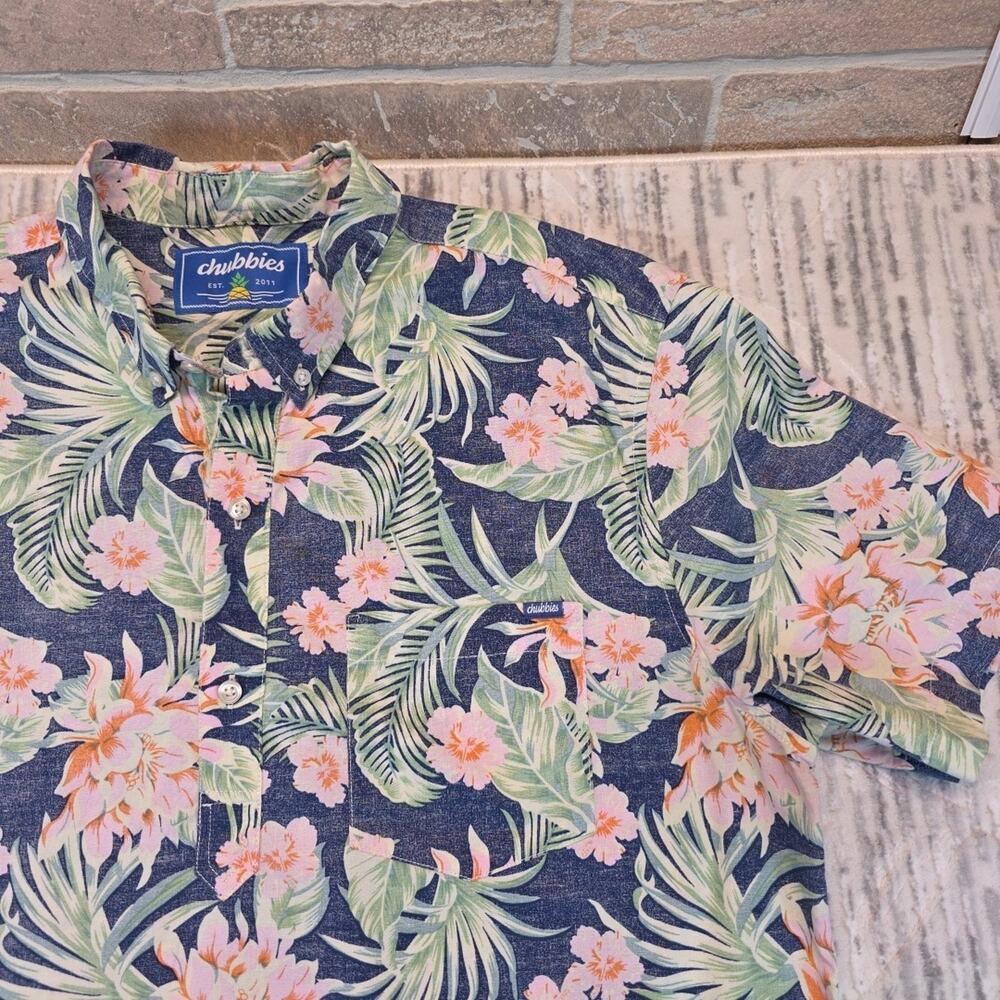 Chubbies Popover Shirt Blue Floral Reverse Print Hawaiian Tropical Beach Sz XL